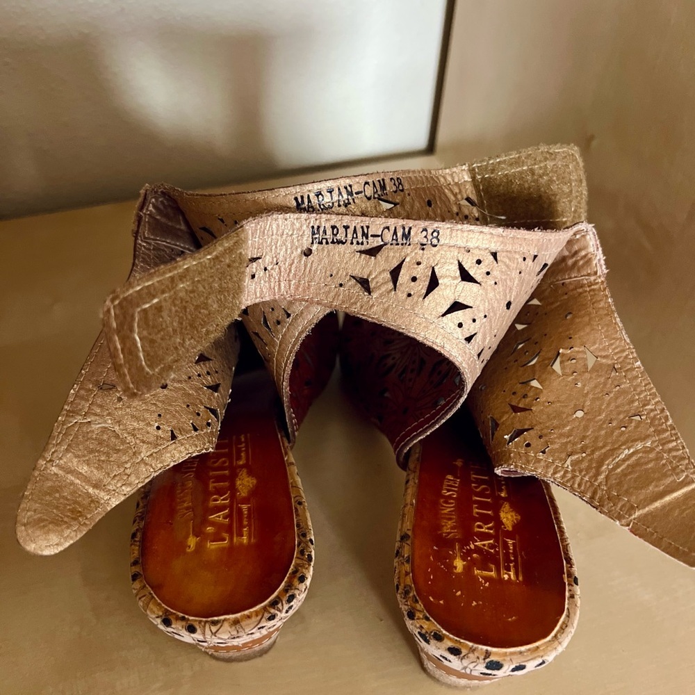 L'Artiste Spring Step Marjan-Cam Brown Floral Laser-Cut Leather Sling-back Heels - Picture 8 of 12